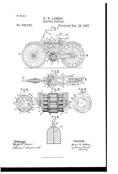 Picture Of Patent Drawing For  Electric Bicycle 1895